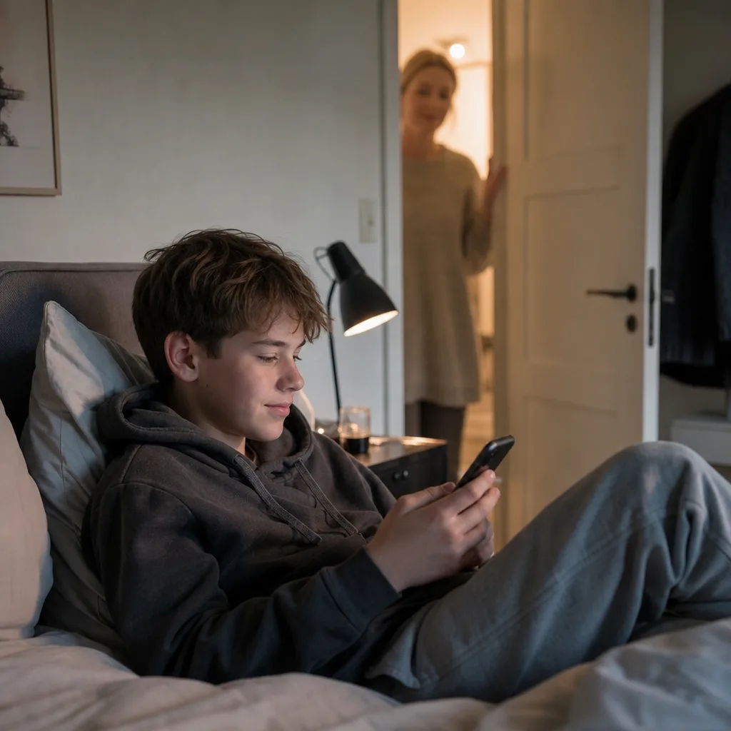 Barn ligger på sin säng med mobilen medan en förälder skymtar i dörröppningen