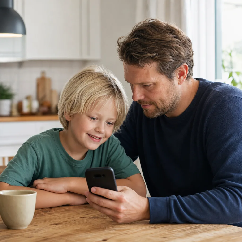 Förälder och barn tittar tillsammans på en mobiltelefon vid köksbordet