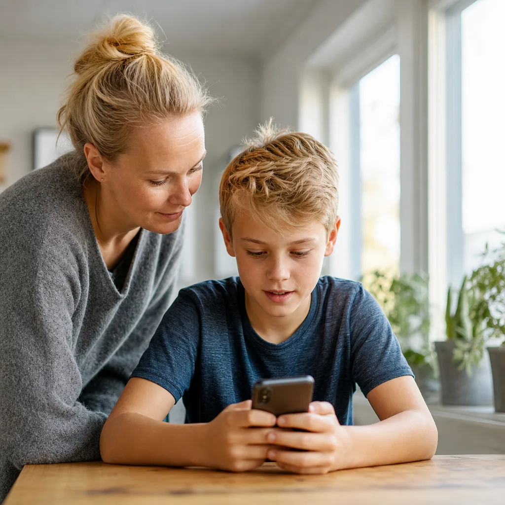 Förälder hjälper sitt barn att sätta igång en ny mobil med digitalt simkort vid köksbordet