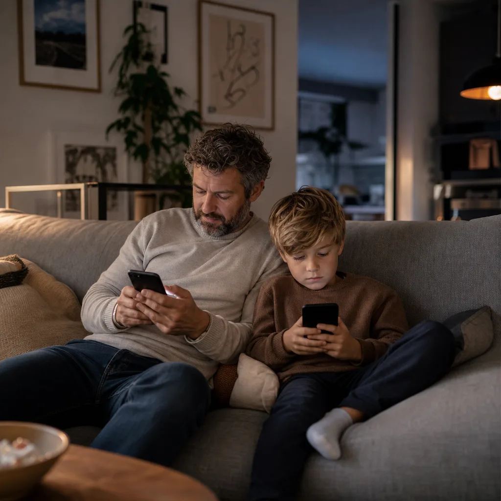 Förälder och barn sitter i soffan hemma, var och en med sin egen mobil och delar familjens uppkoppling