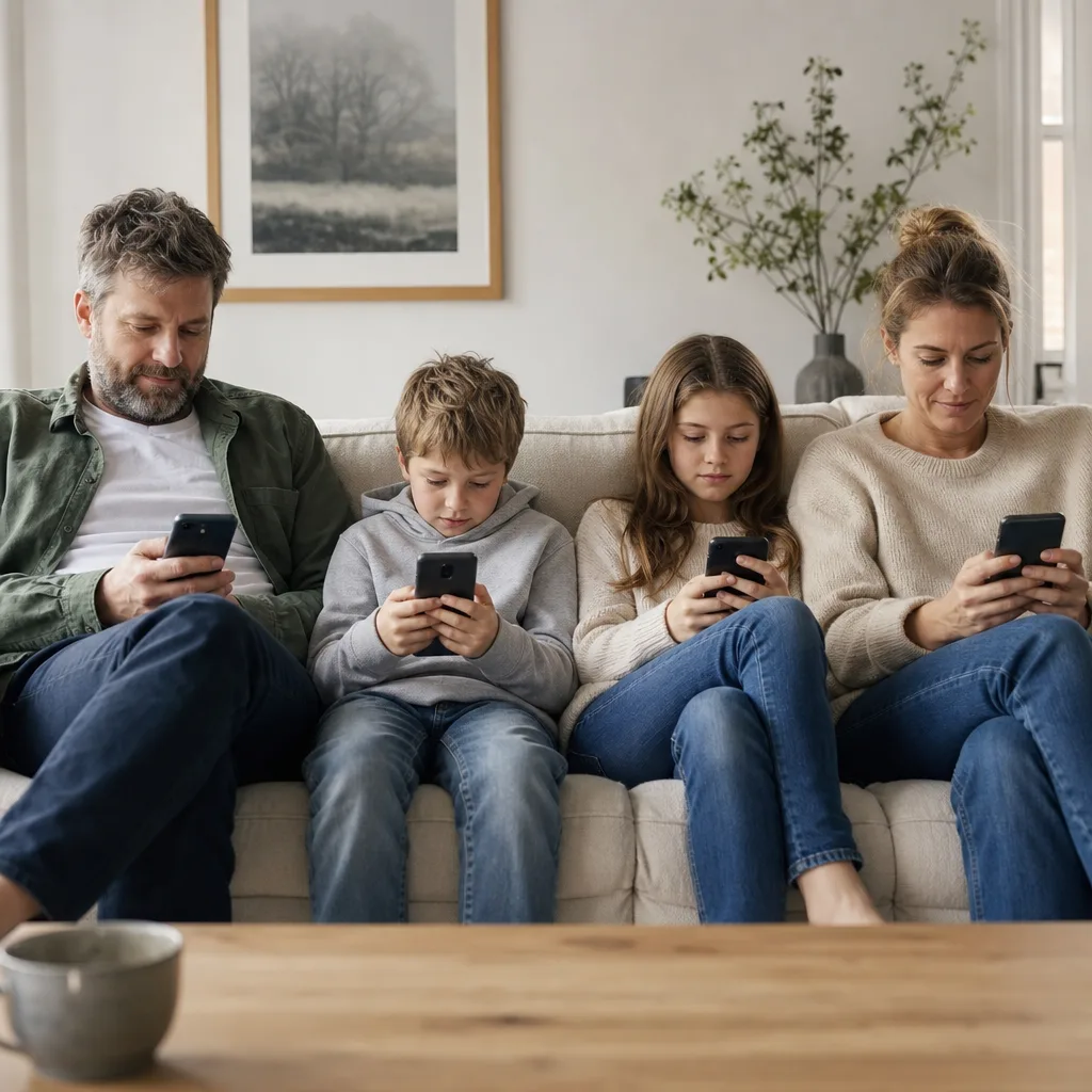 Familj med två föräldrar och två barn sitter i soffan, var och en med sin egen mobiltelefon