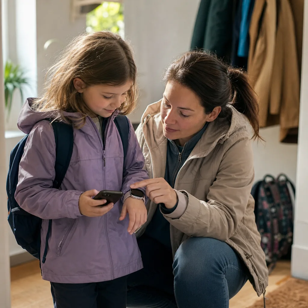Förälder visar ett lågstadiebarn hur smartklockan och den första mobilen fungerar i hallen innan skolan