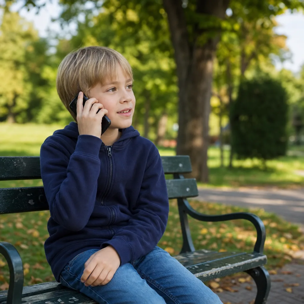Yngre barn sitter på en parkbänk och ringer ett kort samtal hem på sin mobil