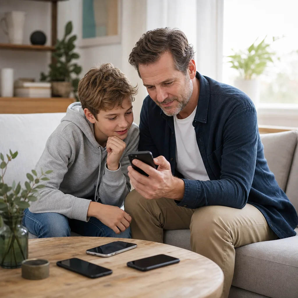 Förälder och barn sitter i soffan och tittar tillsammans på en mobil för att välja barnabonnemang, med flera mobiltelefoner på bordet