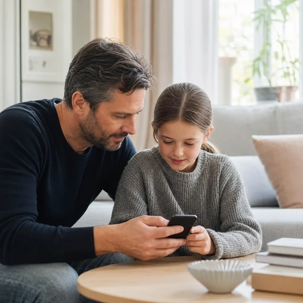 Förälder och barn sitter i ett ljust vardagsrum och ställer in barnets första mobiltelefon tillsammans