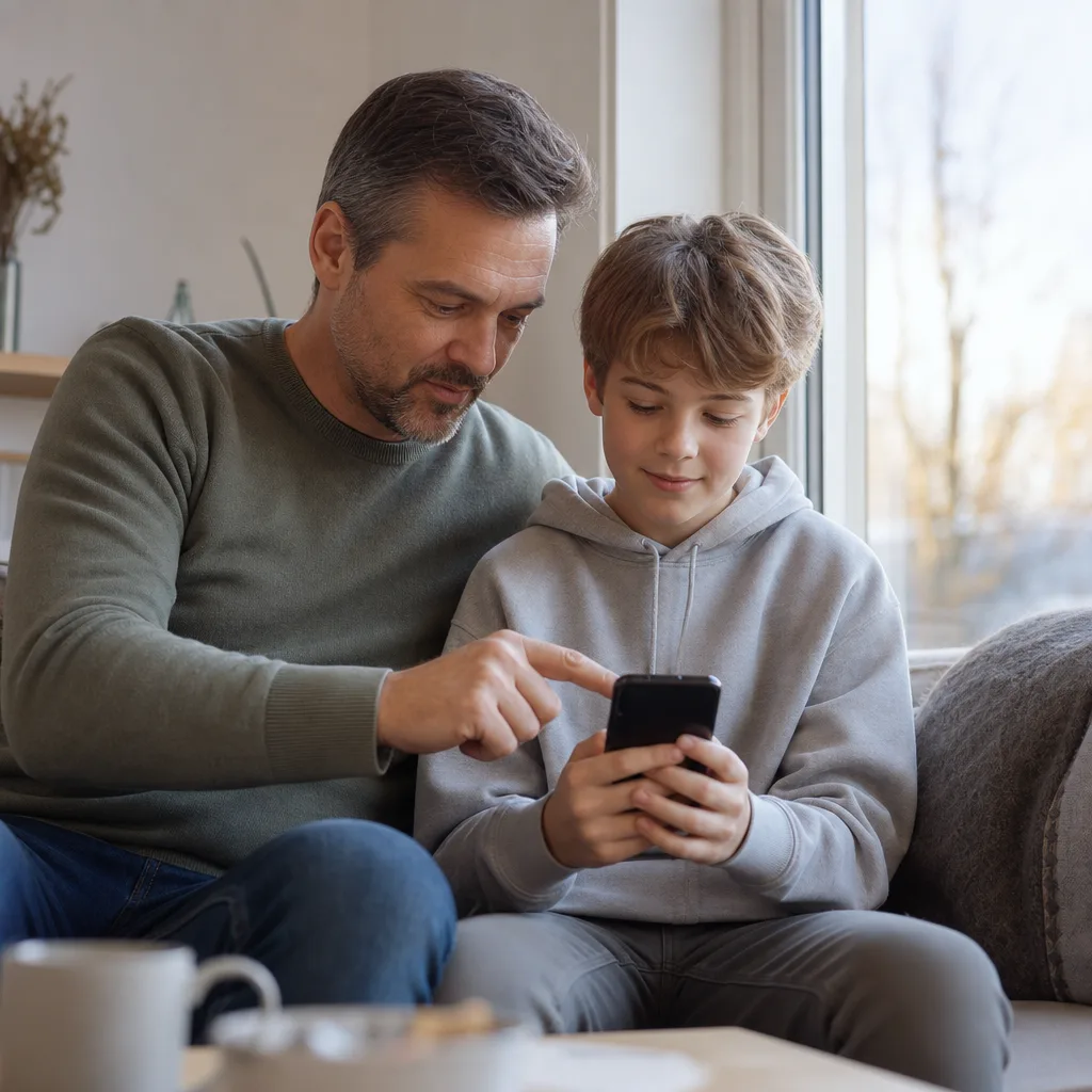Förälder hjälper sitt barn att ställa in den första mobiltelefonen hemma i soffan