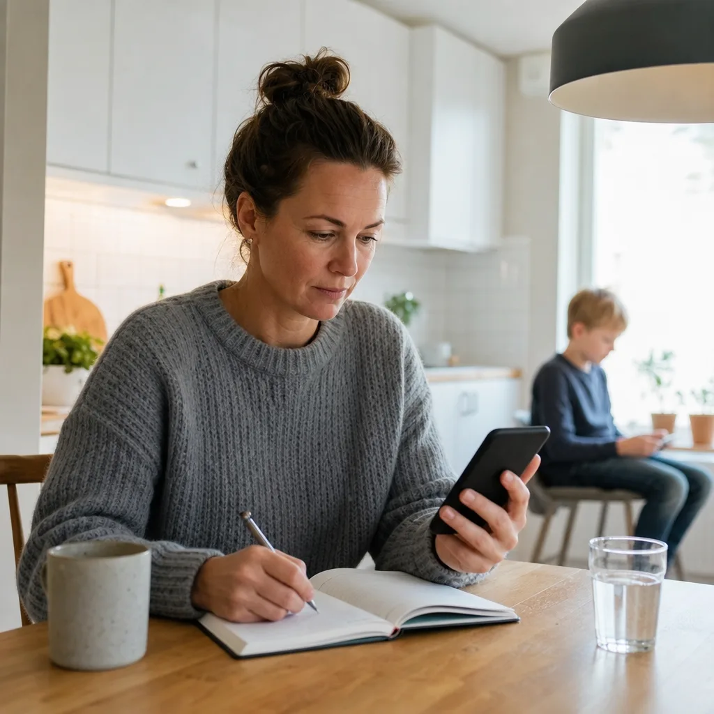 Förälder vid köksbordet som jämför priser på barnabonnemang i mobilen medan barnet sitter i bakgrunden