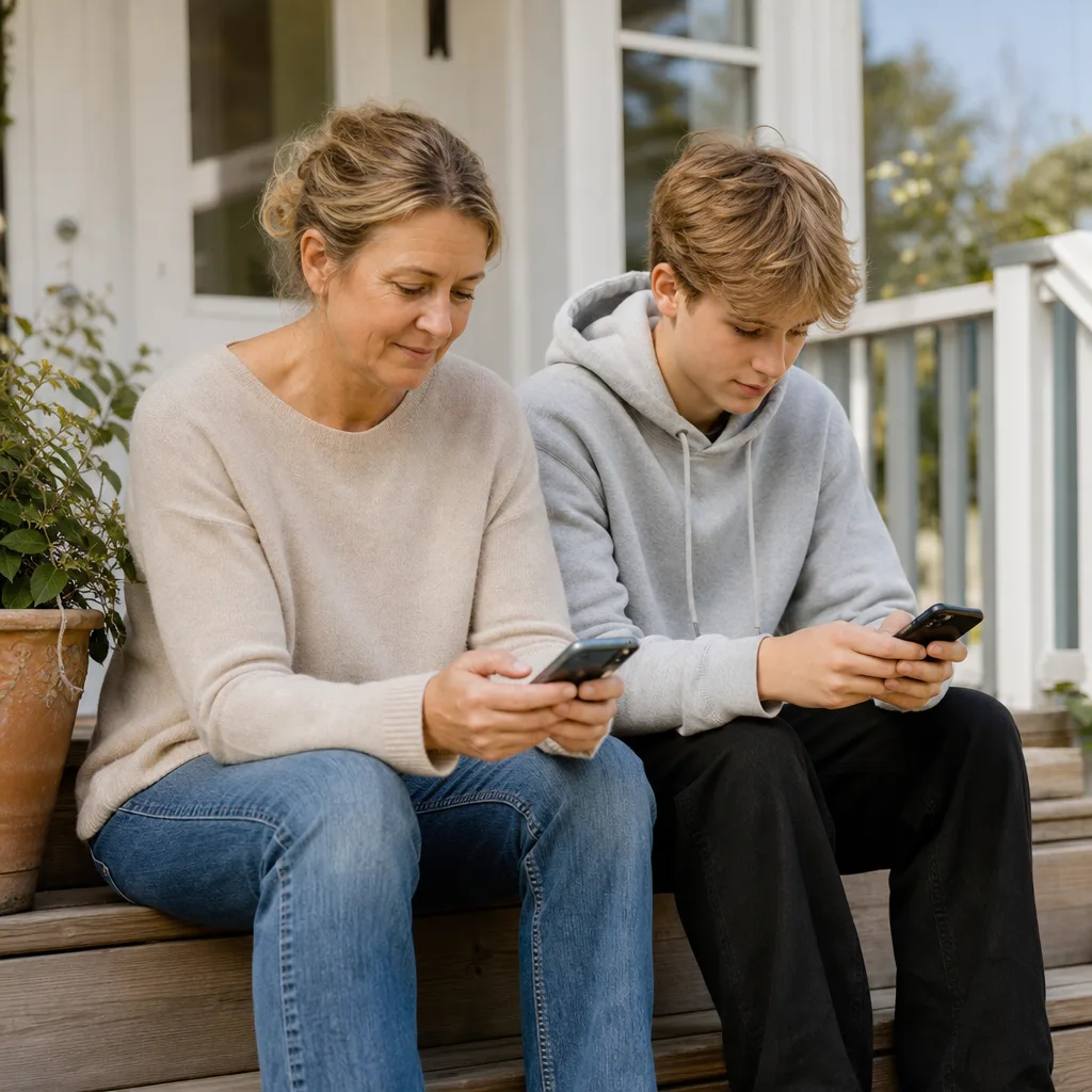Förälder och tonåring sitter tillsammans på en trappa och tittar på var sin mobil