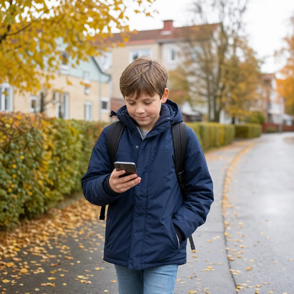 Barn i mellanstadieåldern på väg hem från skolan med ryggsäck och mobil i handen