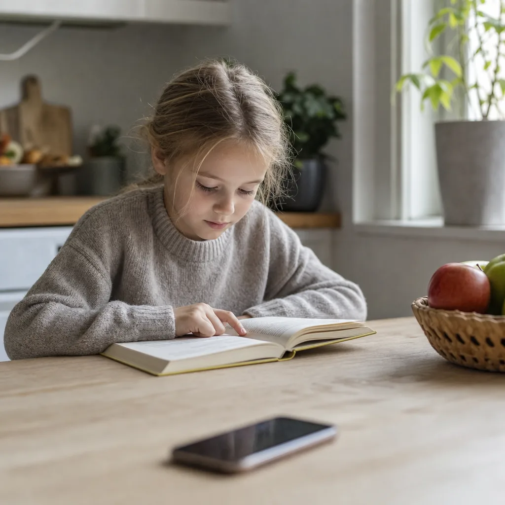 Barn i skolåldern läser vid köksbordet medan mobilen ligger nedlagd en bit bort, en lugn vardagsstund med balans mellan skärm och annat