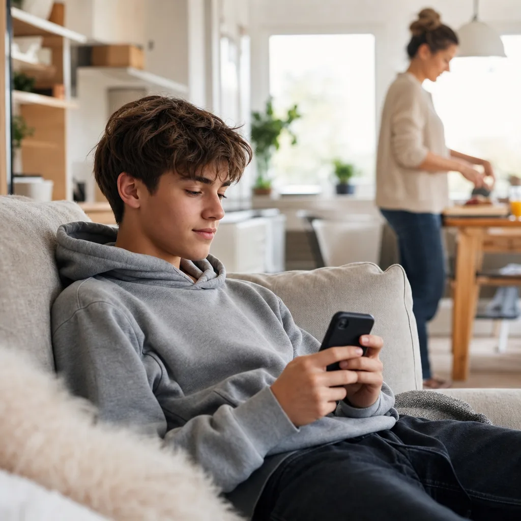Tonåring sitter avslappnad i soffan med mobilen medan en förälder finns i bakgrunden