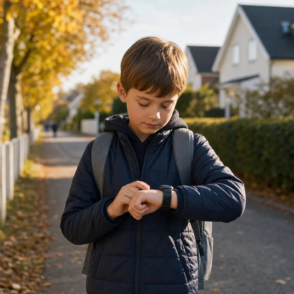 Yngre barn tittar på sin GPS-klocka på väg till skolan en höstmorgon