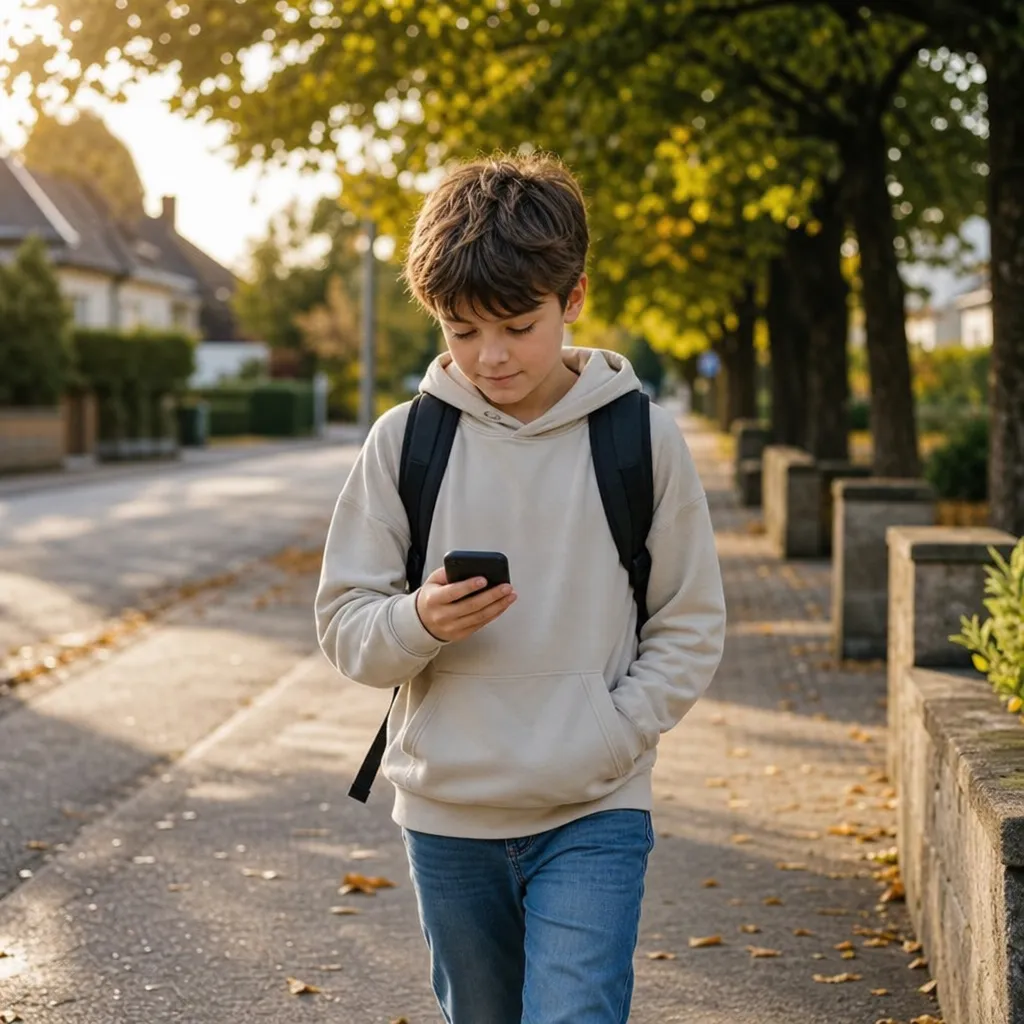 Barn på väg hem från skolan med mobil i handen