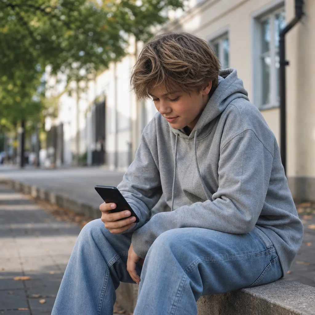 Tonåring tittar på mobilen utomhus i nordiskt dagsljus